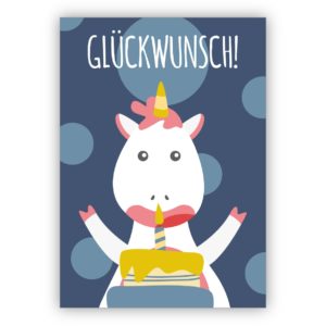 Märchenhafte Einhorn Geburtstagskarte, blau: Glückwunsch!