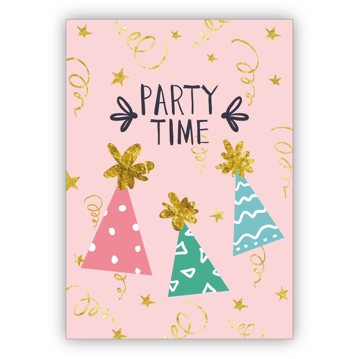 Lustige rosa Einladungskarte zur Party, Geburtagsfeier mit Party Hüten: party time