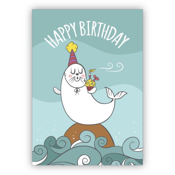 Komische Geburtstagskarte mit dicker weißer Robbe mit Partyhut und Kuchen: Happy Birthday