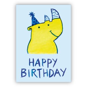 Lustige Geburtstagskarte mit gemaltem Party Nashorn: Happy Birthday