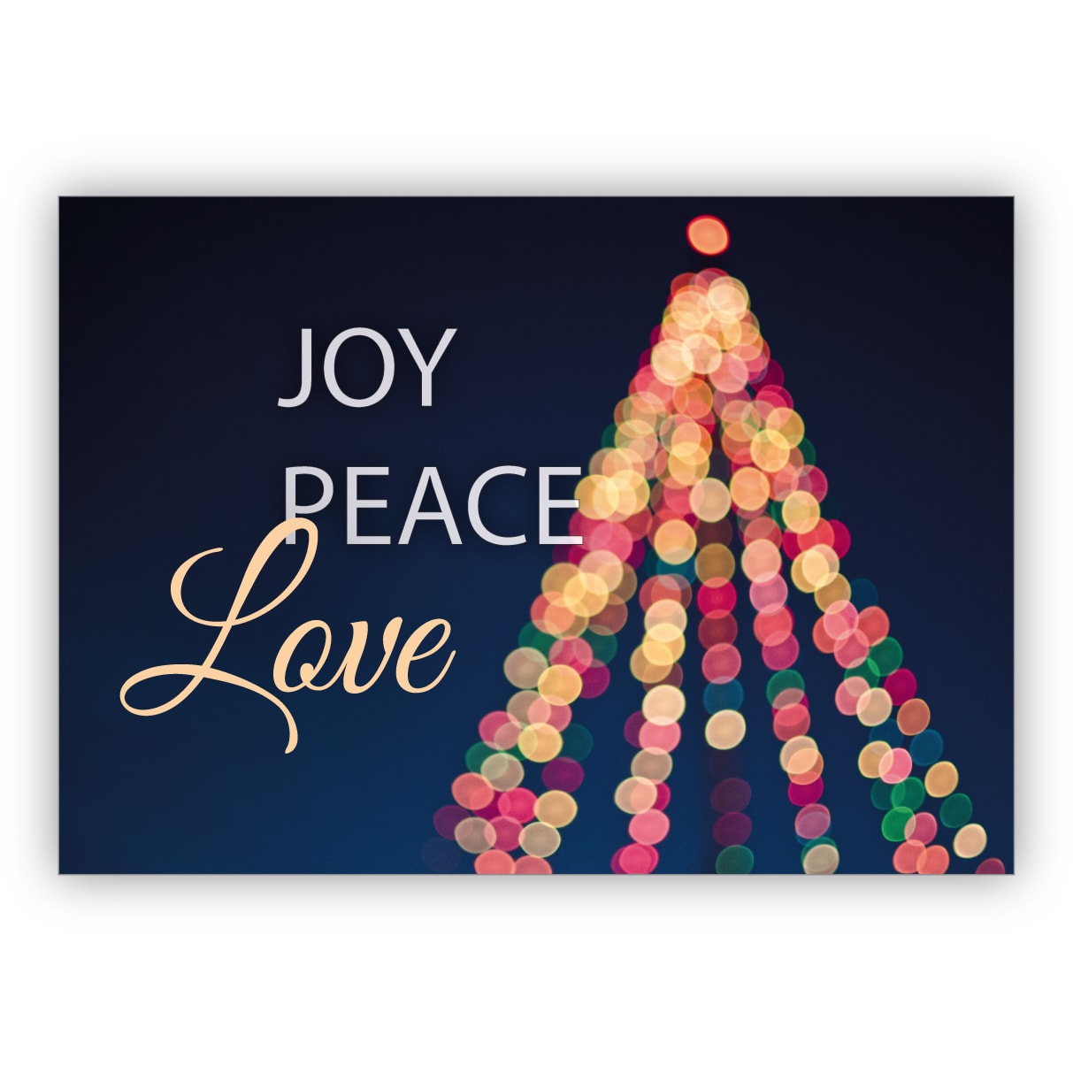 Poppige moderne Foto Weihnachtskarte mit Glitzer Weihnachtsbaum: Joy Peace Love
