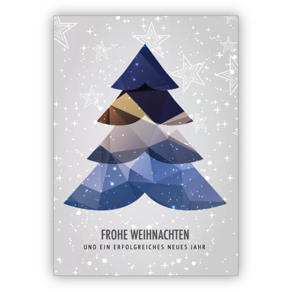 Moderne Weihnachtskarte mit Weihnachtsbaum und Sternen: Frohe Weihnachten und ein erfolgreiches neue Jahr