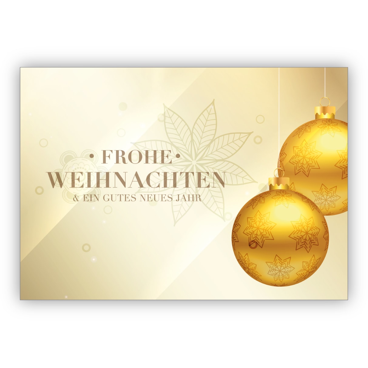 Klassische edle Weihnachtskarte mit Weihnachtskugeln in gold Optik: Frohe Weihnachten und ein gutes neues Jahr