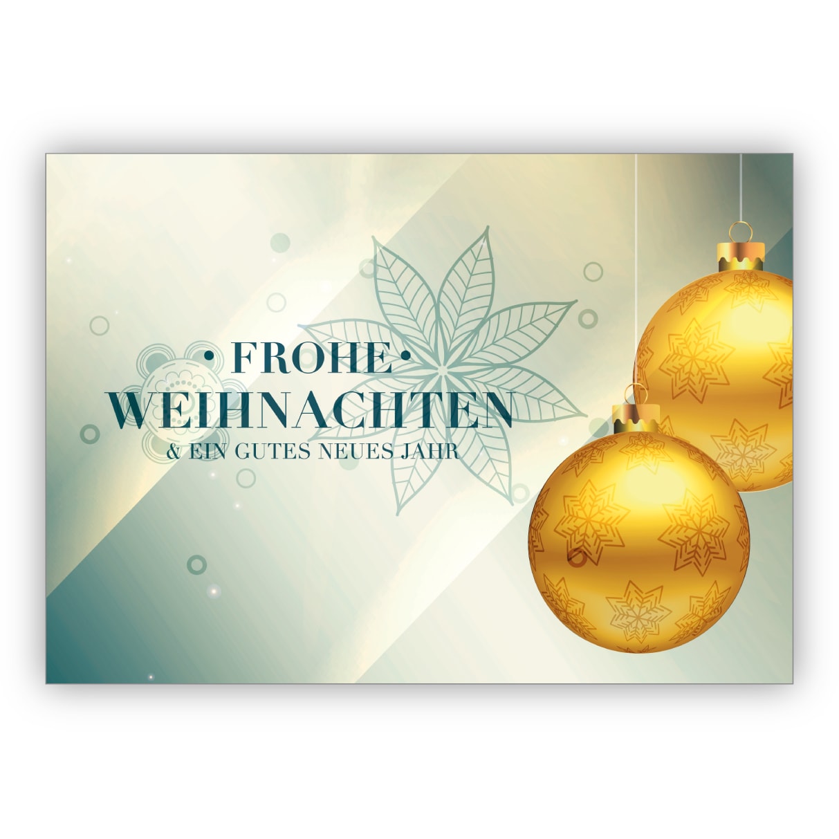 Klassische edle Weihnachtskarte mit Weihnachtskugeln in blau grün: Frohe Weihnachten und ein gutes neues Jahr