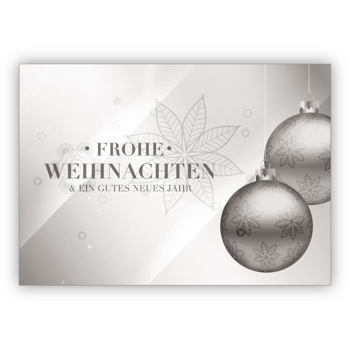 Klassische edle Weihnachtskarte mit Weihnachtskugeln in silber Optik: Frohe Weihnachten und ein gutes neues Jahr