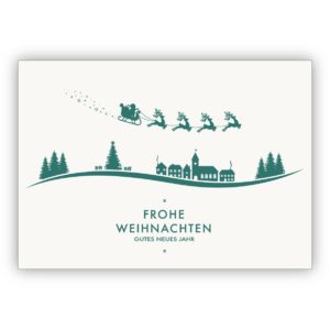 Schöne helle Weihnachtskarte mit fliegendem Schlitten über Weihnachts Landschaft: Frohe Weihnachten gutes neues Jahr