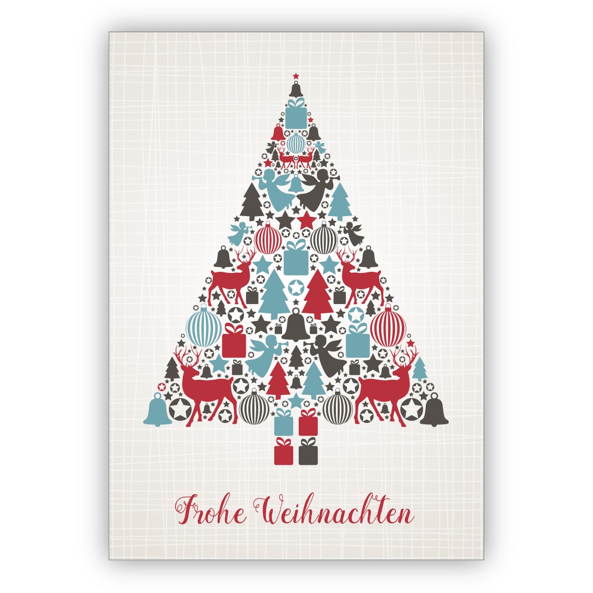 schöne Retro Weihnachtskarte mit Weihnachtsbaum aus Ornamenten: Frohe Weihnachten