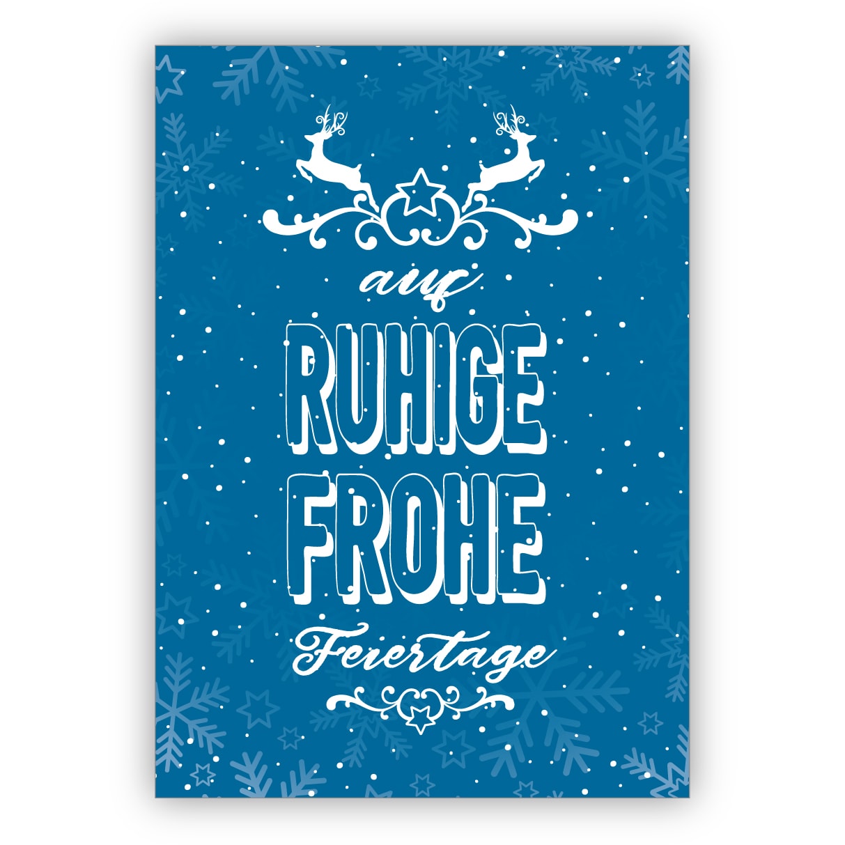 Schöne blaue Retro Weihnachtskarte mit Spruch und Hirschen: auf ruhige frohe Feiertage