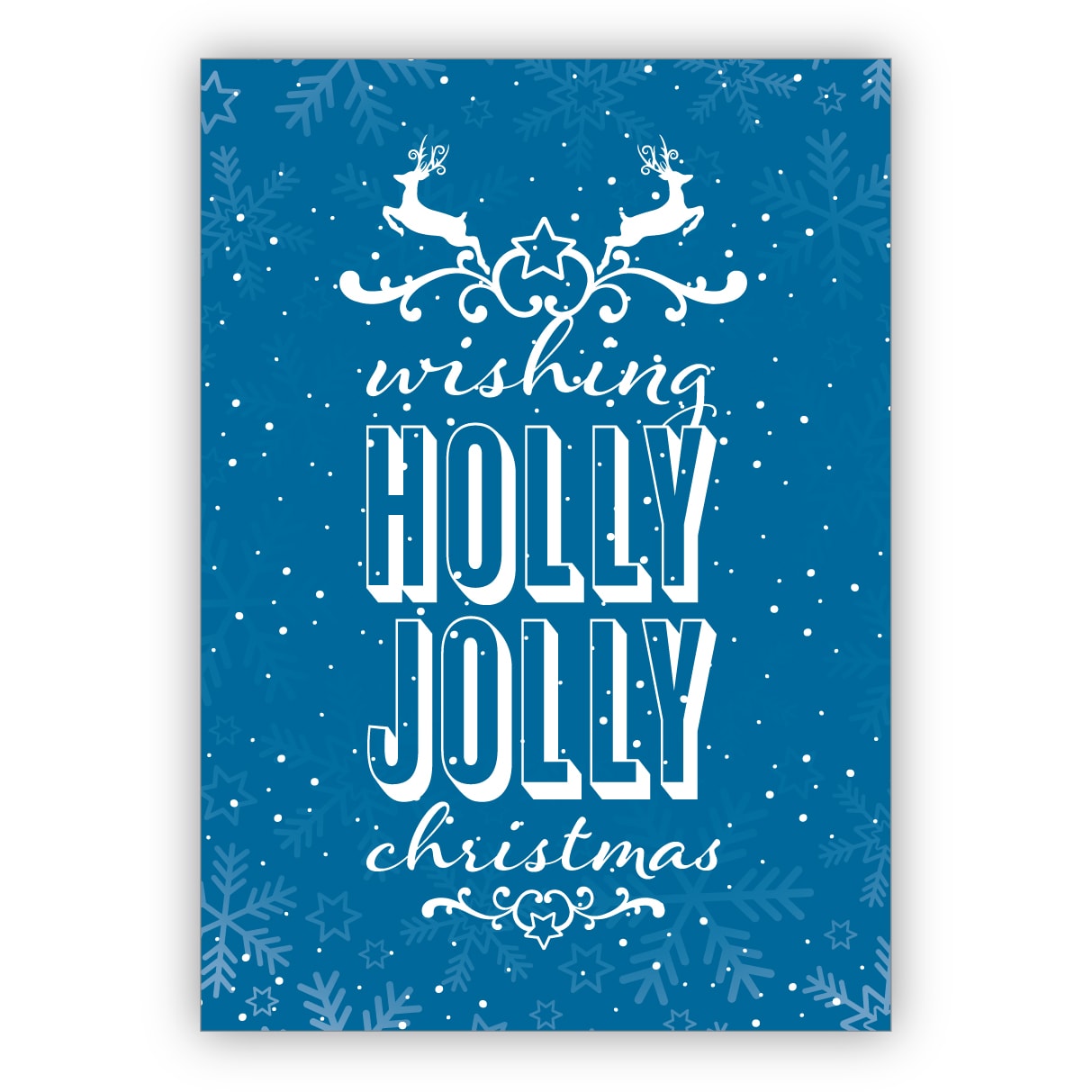 Schöne blaue Retro Weihnachtskarte mit Spruch und Hirschen: wishing holly jolly christmas