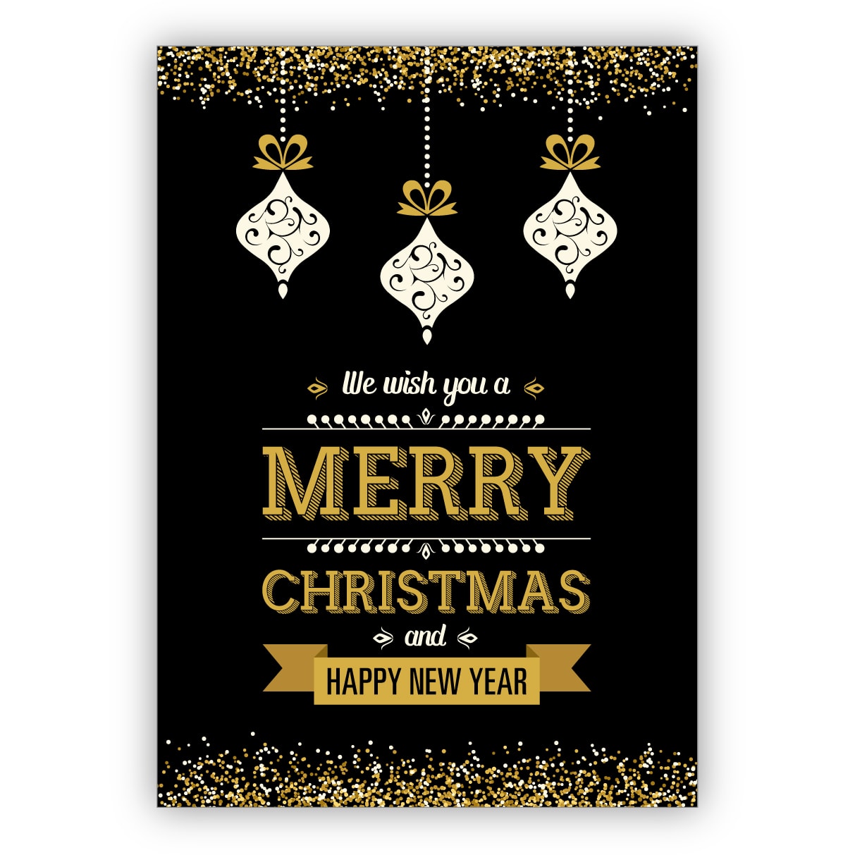 Edle schwarze Weihnachtskarte mit Weihnachtskugeln und gold Glitter Optik: We wish you a merry christmas and happy new year