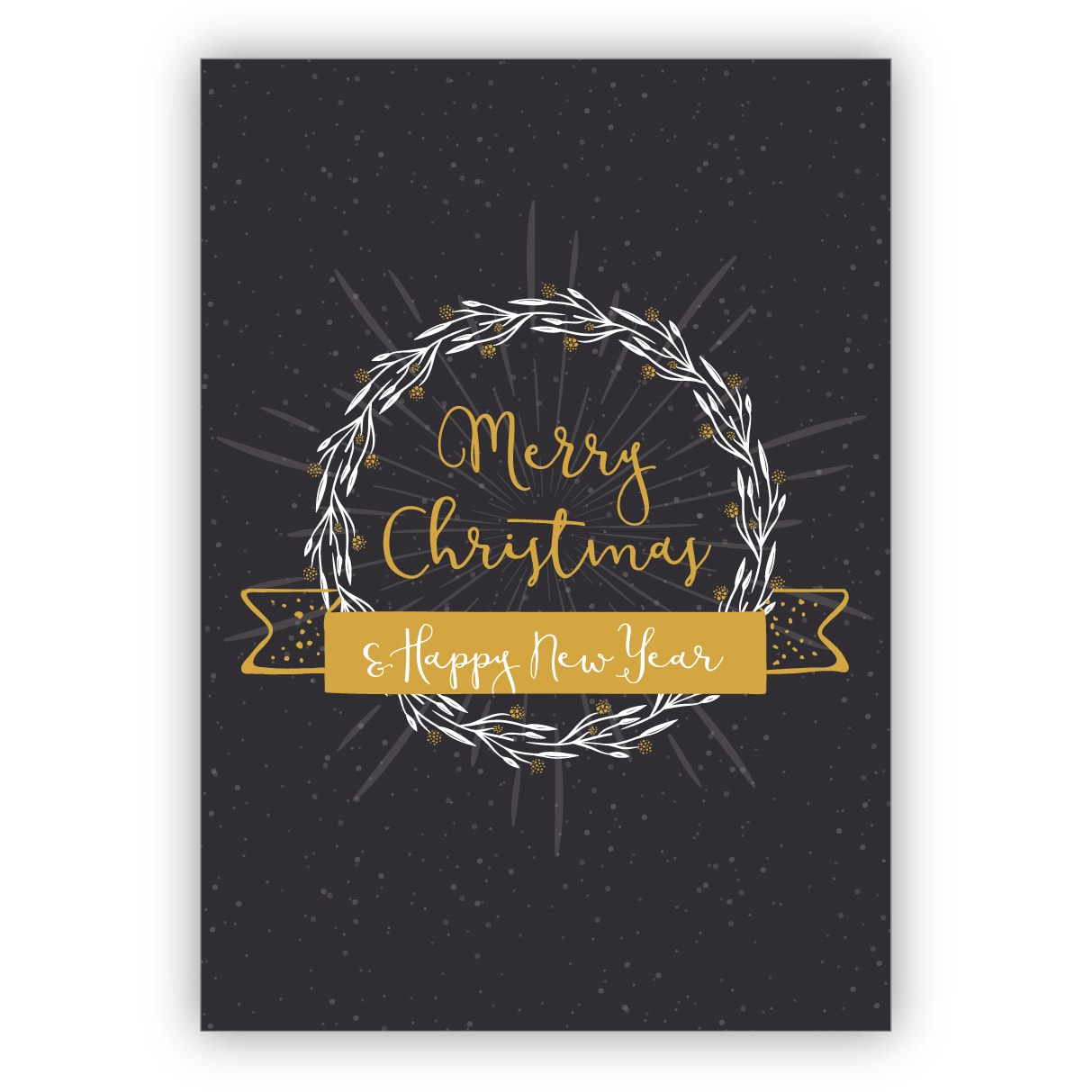 Edle englische Weihnachtskarte mit Kranz und Ornamenten auch zu Silvester: Merry Christmas & Happy new year