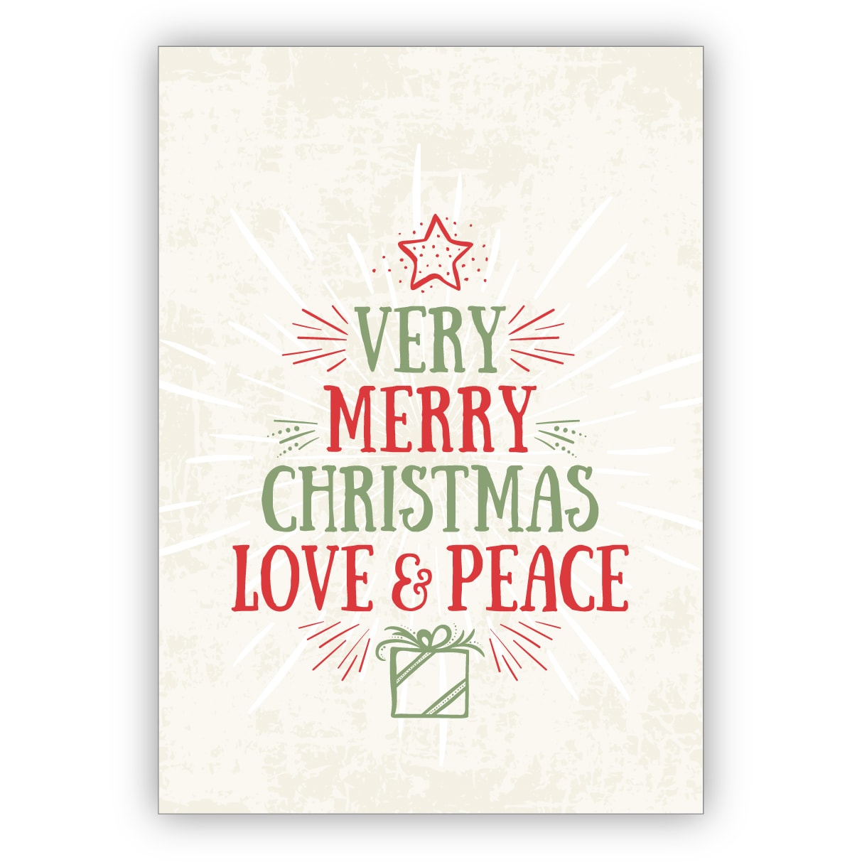 Elegante englische Weihnachtskarte mit Schrift als Weihnachtsbaum: Very merry Christmas Love & Peace