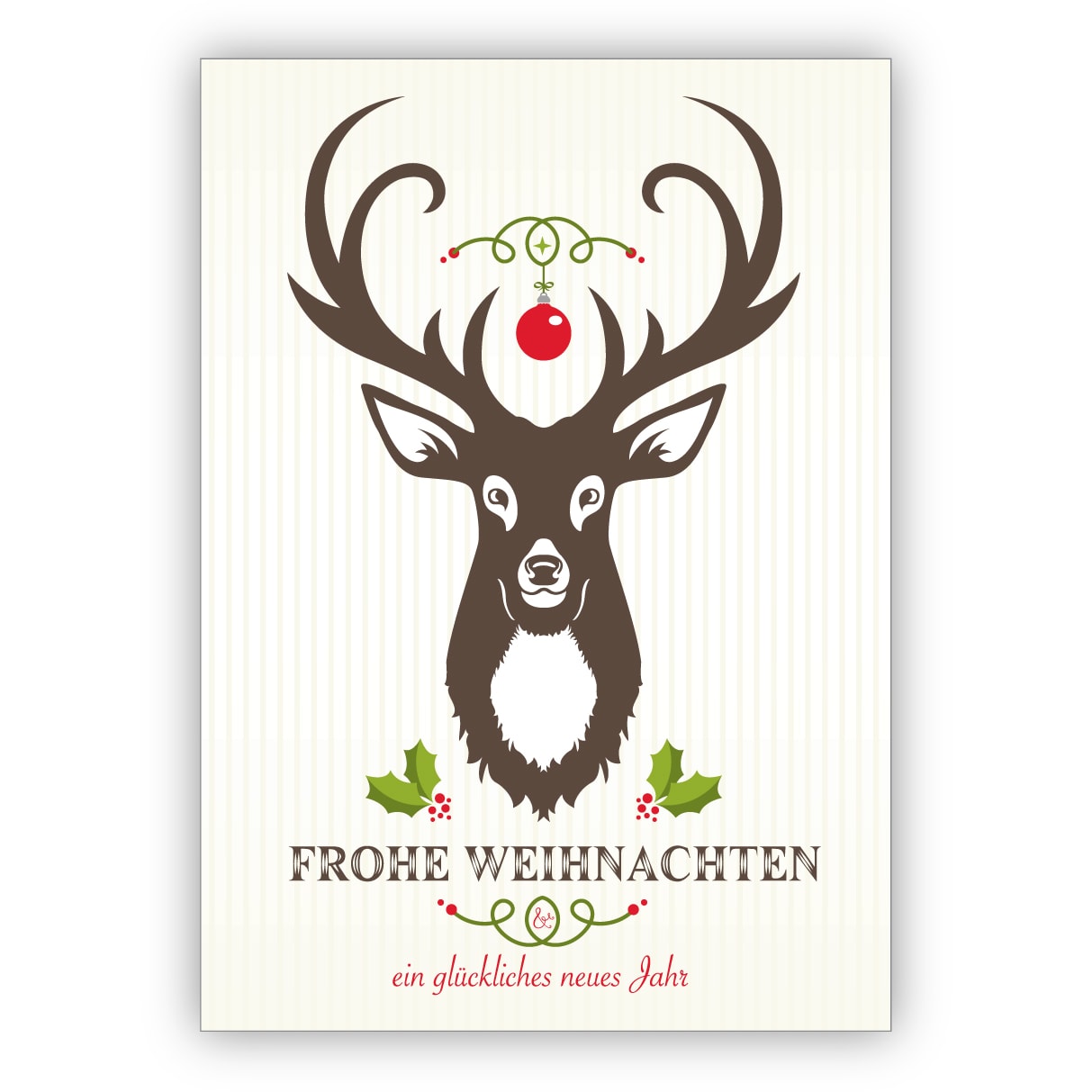 Klassische Weihnachtskarte mit Hirsch und Ornamenten auf feinen Streifen: Frohe Weihnachten und ein glückliches neues Jahr