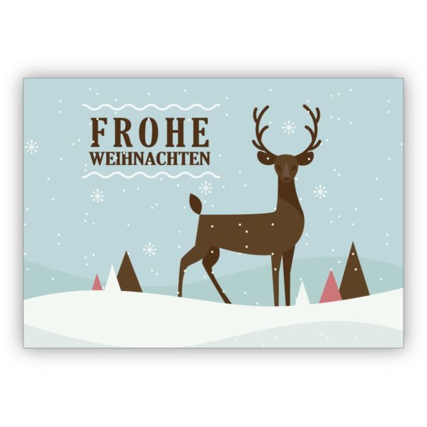 Elegante Retro Weihnachtskarte mit Hirsch in Schnee Landschaft: Frohe Weihnachten