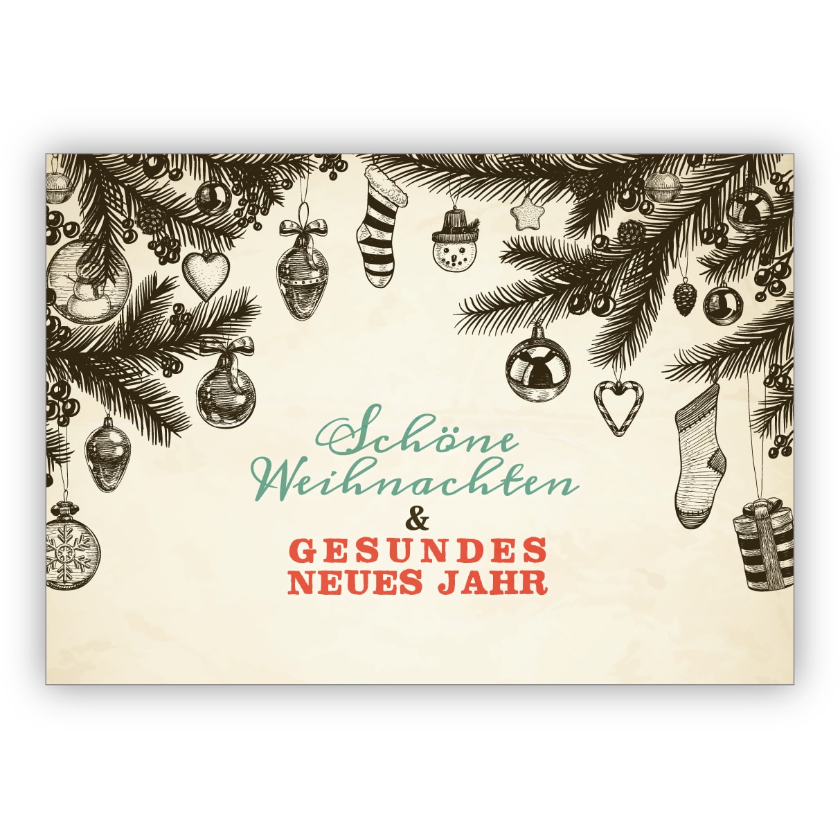 Entzückende handgemalte Weihnachtskarte mit Vintage Ornamenten: Schöne Weihnachten & gesundes neues Jahr
