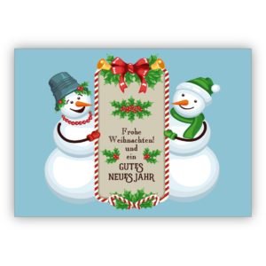 Süße hellblaue Schneemann Weihnachtskarte: Frohe Weihnachten! Und ein gutes neues Jahr