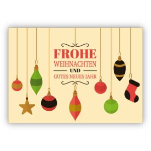 Schöne beige Weihnachtskarte mit Retro Weihnachtsbaum Schmuck: Frohe Weihnachten und gutes neues Jahr
