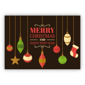 Edle braune englische Weihnachtskarte mit Retro Weihnachtsbaum Schmuck: Merry Christmas and happy new year