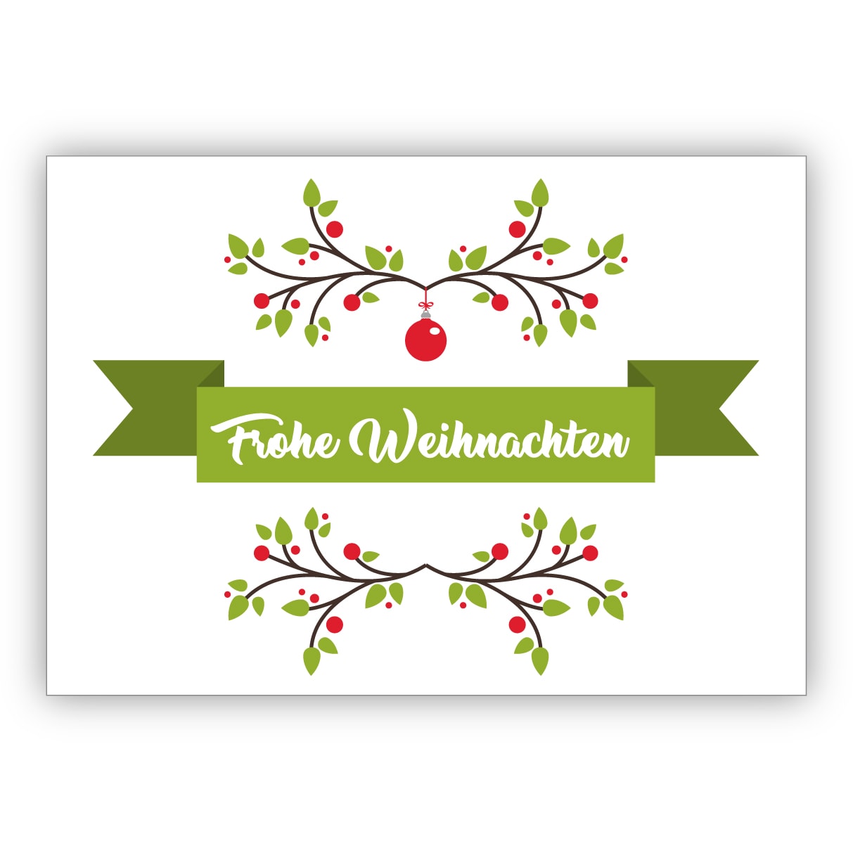 Klassische Weihnachtskarte in rot grün mit Ornamenten: Frohe Weihnachten