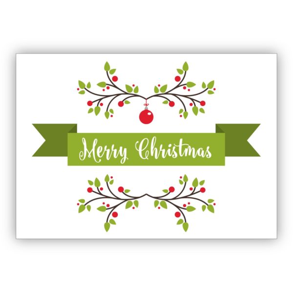 Klassische englische Weihnachtskarte in rot grün mit Ornamenten: Merry Christmas