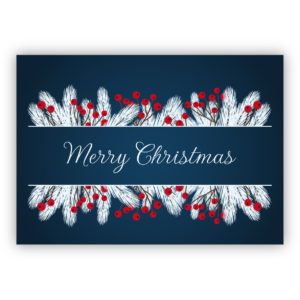 Schicke blaue Weihnachtskarte mit eisigen roten Beeren: Merry Christmas