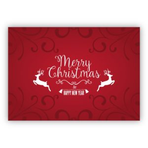 Klassische rote Weihnachtskarte mit Ornamenten und springenden Hirschen: Merry Christmas & happy new year