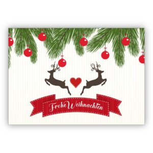 Klassische Weihnachtkarte mit Herz, Weihnachtskugeln und Hirschen: Frohe Weihnachten