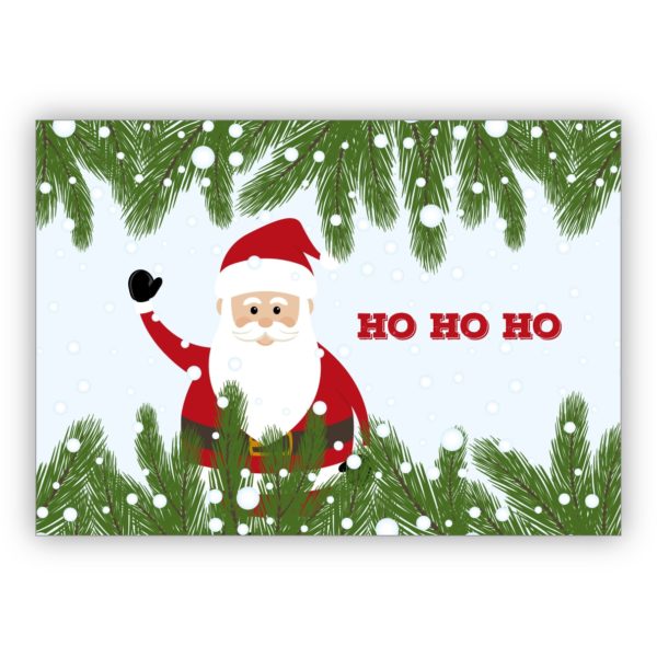 Niedliche Weihnachtskarte mit winkenden Weihnachtsmann im Wald: Ho Ho Ho