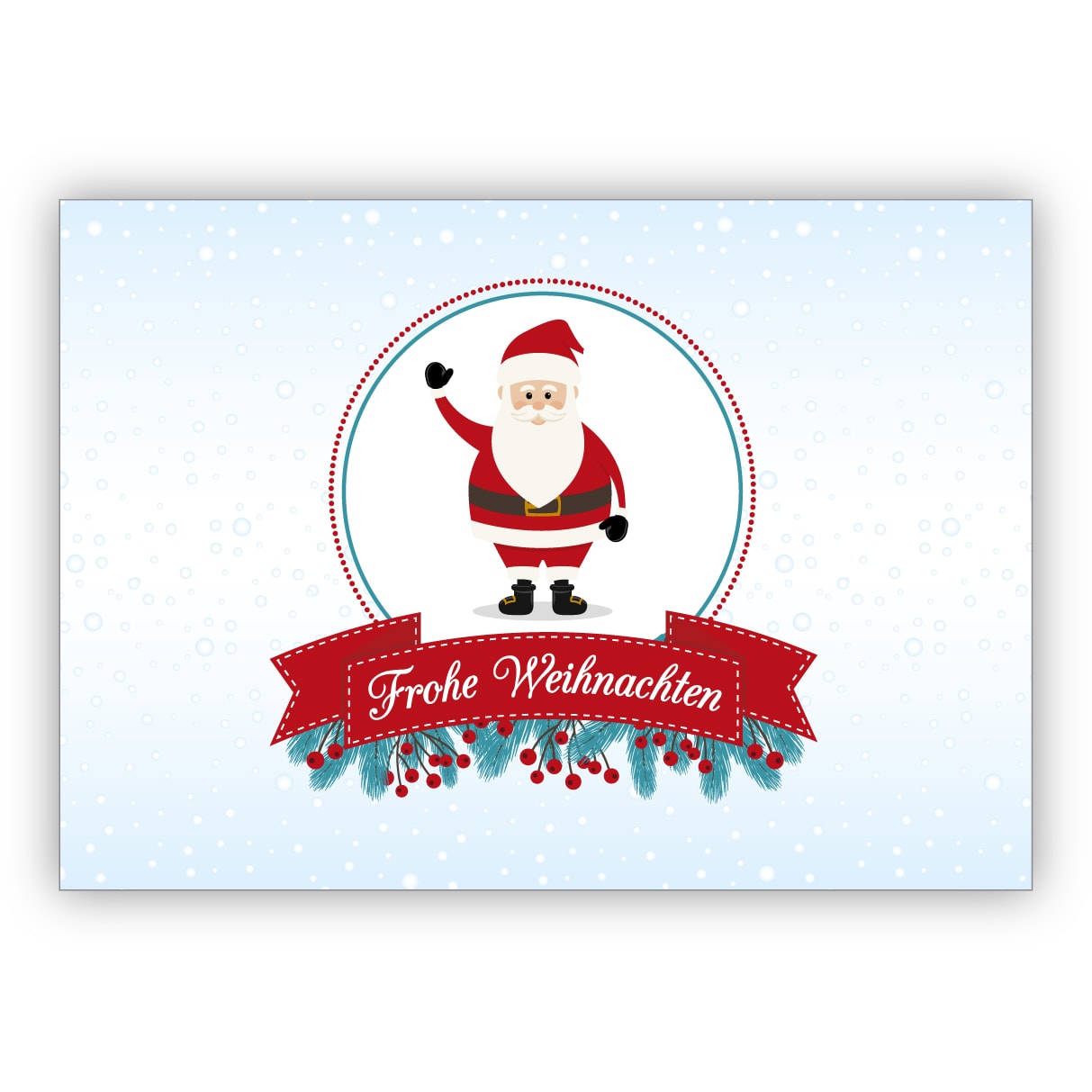 Niedliche Weihnachtskarte mit Weihnachtsmann in Schneekugel Optik: Frohe Weihnachten