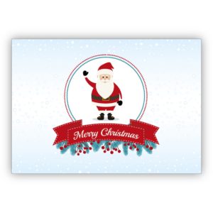 Niedliche Weihnachtskarte mit Weihnachtsmann in Schneekugel Optik: Merry Christmas