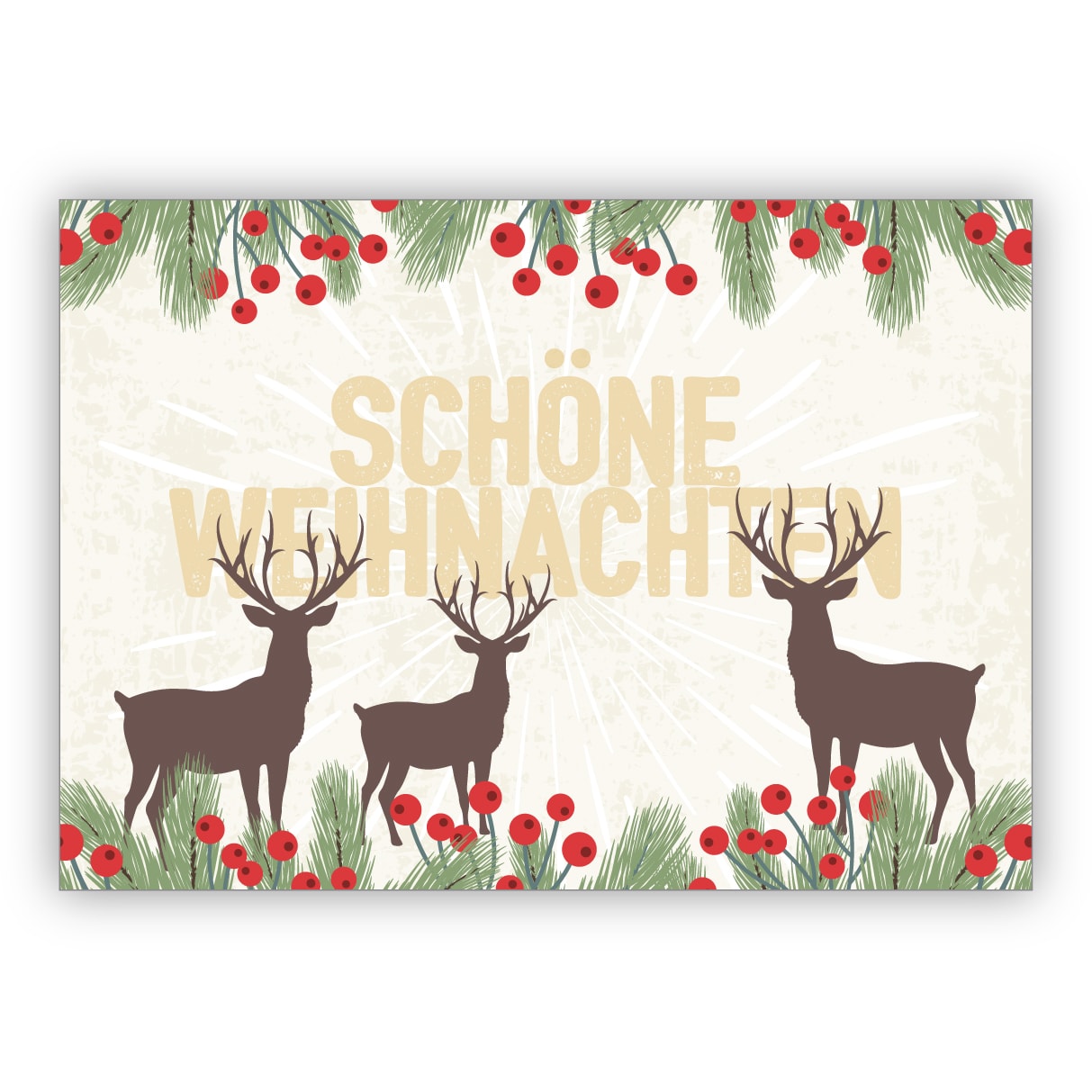 Tolle Weihnachtskarte mit Hirschen und roten Beeren für: Schöne Weihnachten