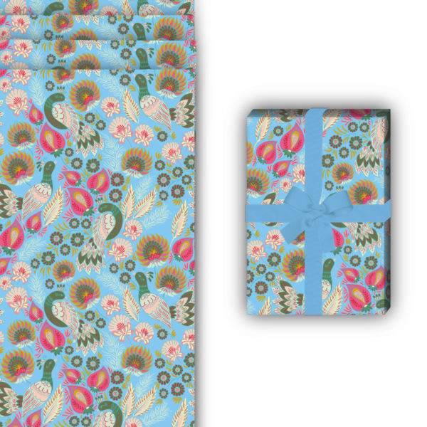florale Geschenkverpackung: Vintage Ethno Geschenkpapier mit von Kartenkaufrausch in hellblau