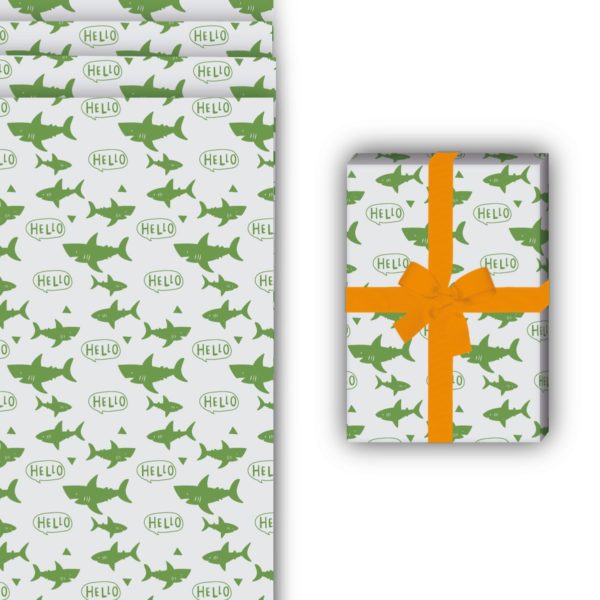 Geburtstags Geschenkverpackung: Cooles Shark Geschenkpapier mit von Kartenkaufrausch in grün