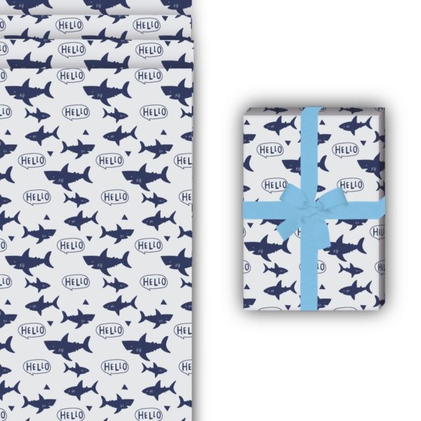 Geburtstags Geschenkverpackung: Cooles Shark Geschenkpapier mit von Kartenkaufrausch in blau