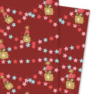 Schönes Weihnachts Geschenkpapier mit Pinguin und Sternen, rot