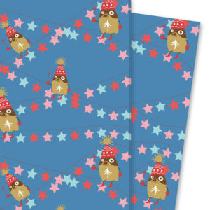 Nettes Weihnachts Geschenkpapier mit Pinguin und Sternen, blau