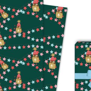 Das Weihnachts Geschenkpapier mit Pinguin und Sternen, grün