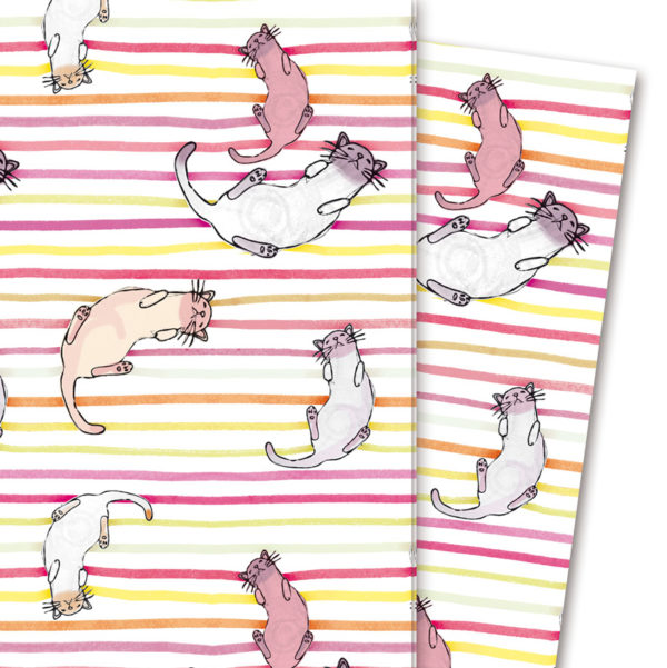 Lustiges Streifen Geschenkpapier mit Katzen, rot Töne