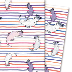 Komisches Streifen Geschenkpapier mit Katzen, lila Töne