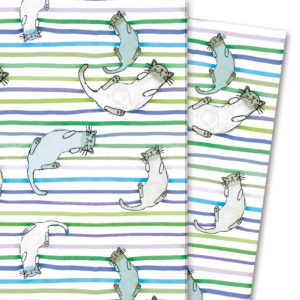 Nettes Streifen Geschenkpapier mit Katzen, grün Töne