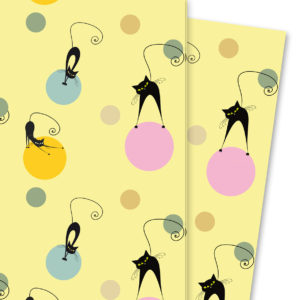 Fröhliches Katzen Geschenkpapier mit Punkten auf gelb