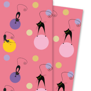 Buntes Katzen Geschenkpapier mit Punkten auf rosa
