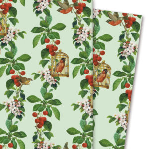 Wunderschönes Geschenkpapier "Apfelkirsche" mit Vögeln und Blüten, grün