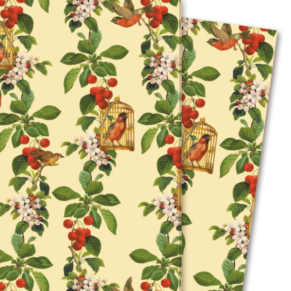 Wunderschönes Geschenkpapier "Apfelkirsche" mit Vögeln und Blüten, gelb