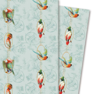 Klassisches Geschenkpapier "Birds on a String" mit Papageien, blau