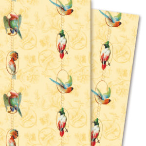 Klassisches Geschenkpapier "Birds on a String" mit Papageien, gelb
