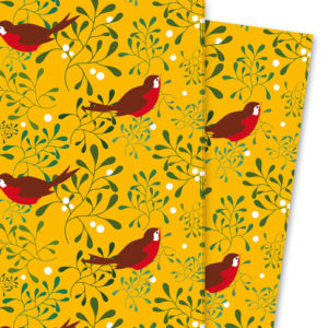 Schönes Mistel Geschenkpapier mit Vögelchen auf gelb