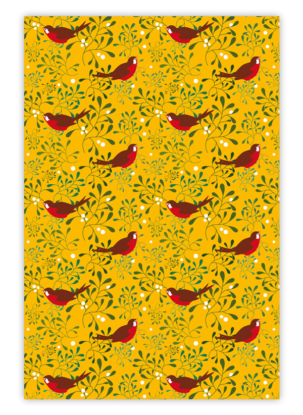 Schönes Mistel Geschenkpapier mit Vögelchen auf gelb
