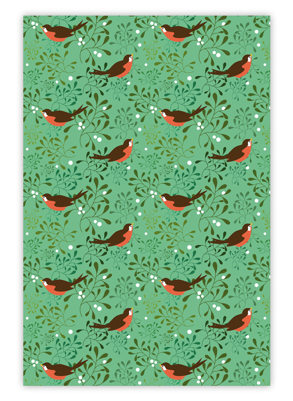 Mistel Weihnachts Geschenkpapier mit Vögelchen auf grün