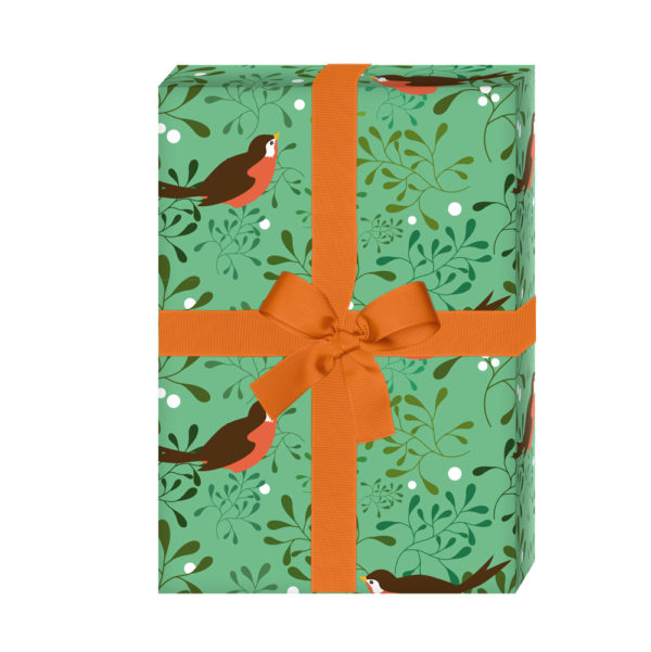 zum Weihnachtsgeschenk einpacken: Mistel Weihnachts Geschenkpapier mit Vögelchen auf grün (4 Bögen) jetzt online kaufen